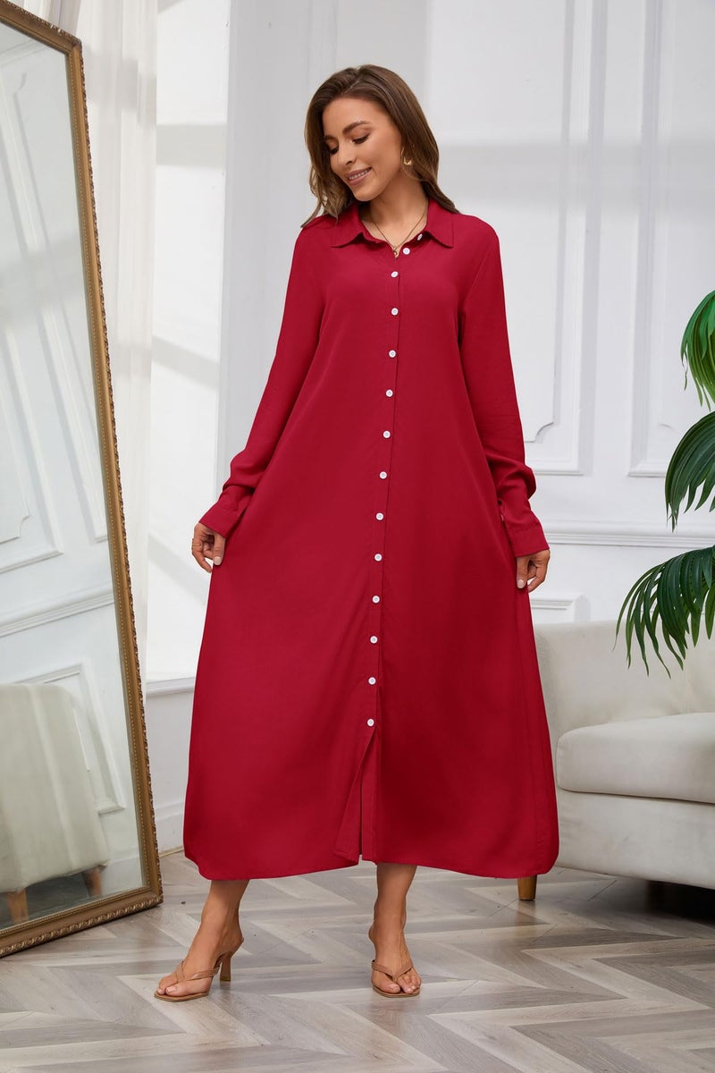 chouyatou Women's Casual Button Down Maxi Shirt Dress Long Sleeve Button Up Tunic Long Dress (Small, Red) - Image 2