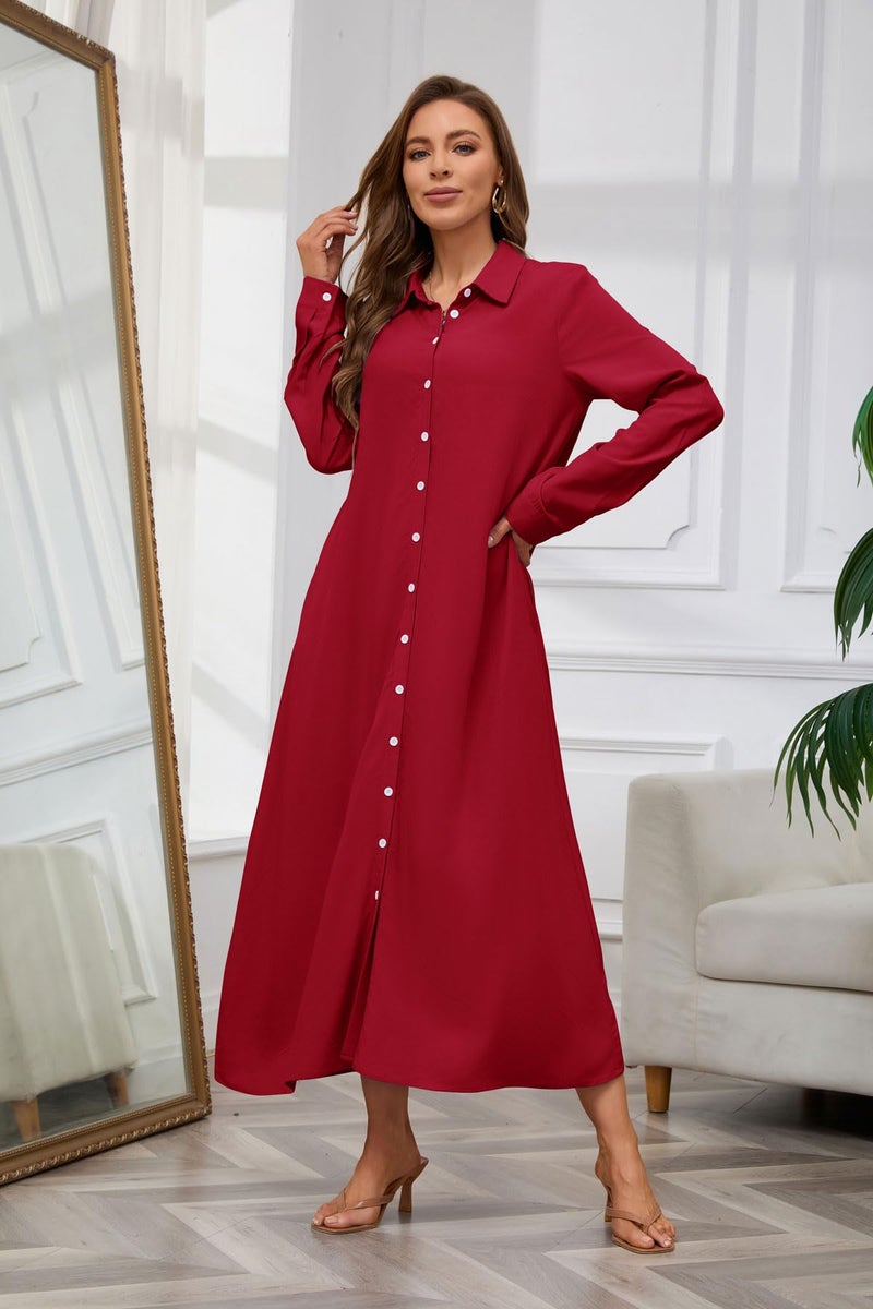 chouyatou Women's Casual Button Down Maxi Shirt Dress Long Sleeve Button Up Tunic Long Dress (Small, Red) - Image 3
