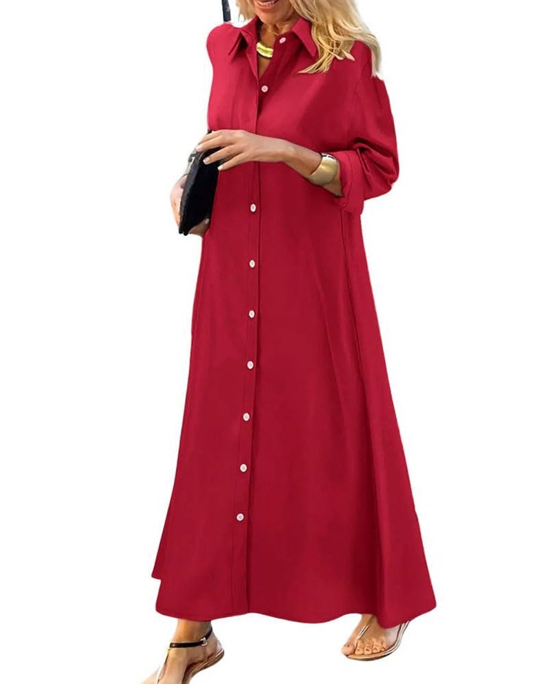 chouyatou Women's Casual Button Down Maxi Shirt Dress Long Sleeve Button Up Tunic Long Dress (Small, Red) - Image 1