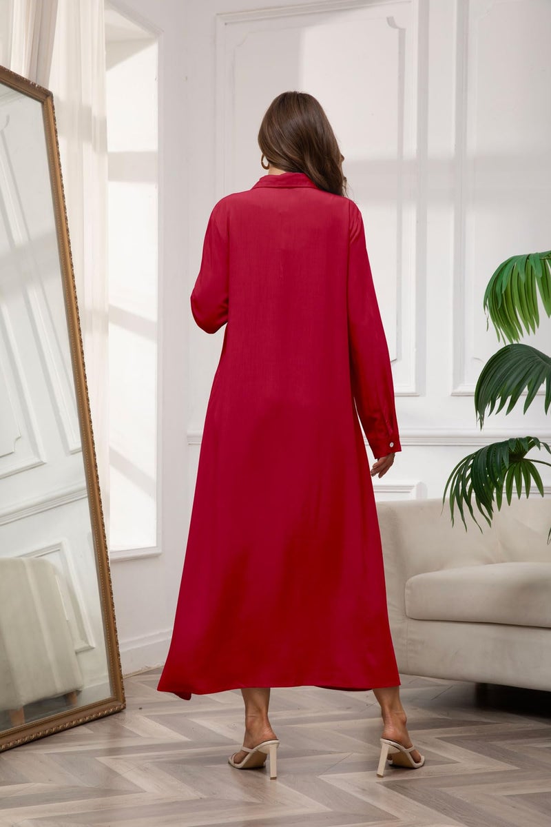 chouyatou Women's Casual Button Down Maxi Shirt Dress Long Sleeve Button Up Tunic Long Dress (Small, Red) - Image 4