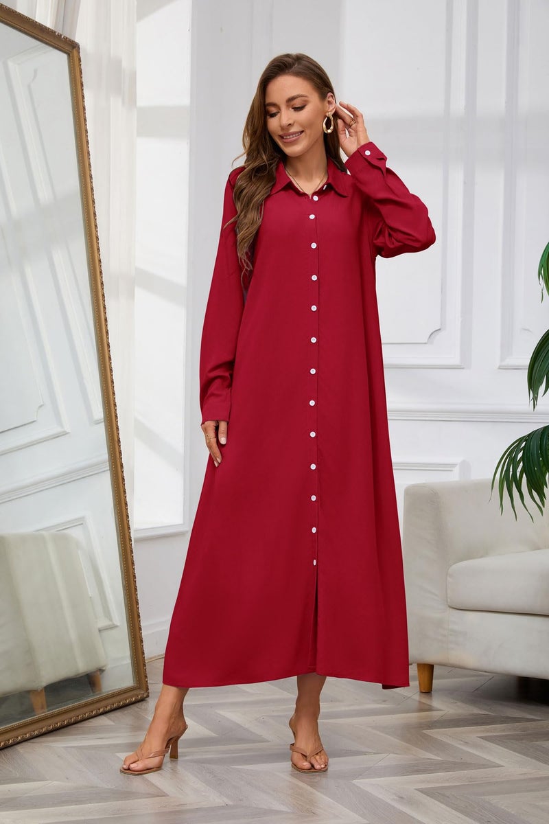 chouyatou Women's Casual Button Down Maxi Shirt Dress Long Sleeve Button Up Tunic Long Dress (Small, Red) - Image 5