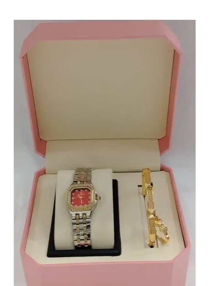 Women's watch with a bracelet and a ring made of zircon