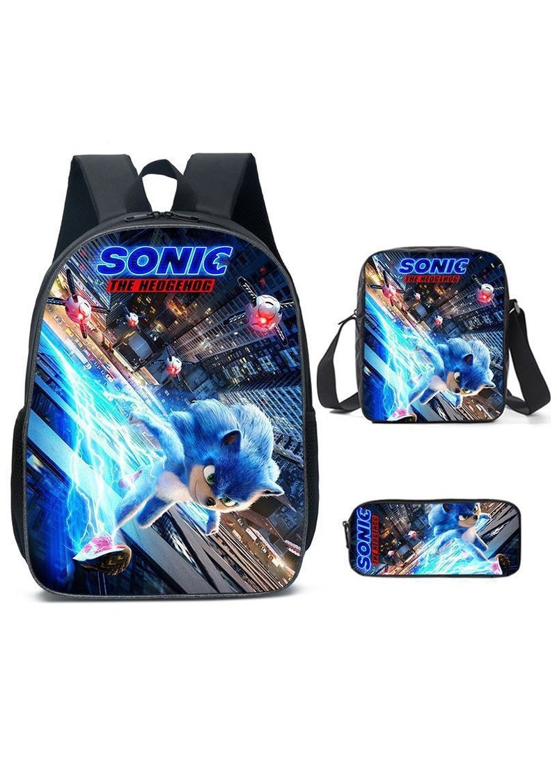 Sonic Primary School Backpack Cartoon Anime Backpack Messenger Bag Pencil Case Three-Piece Set 29*16*42cm
