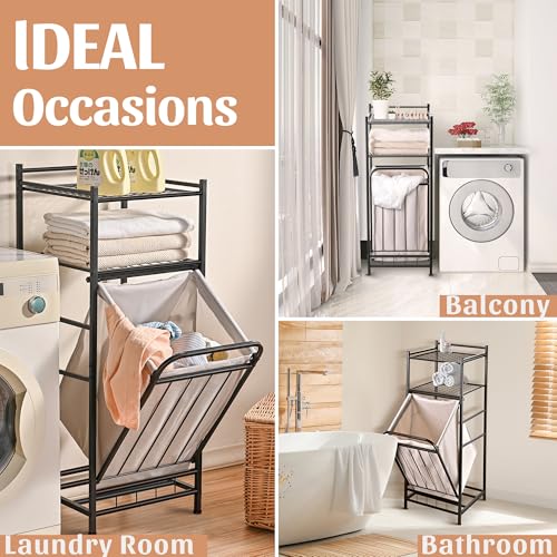 PLKOW Tilt Out Laundry Hamper with Shelf, Laundry Basket Laundry Hamper Cabinet with Removable Liner Bag, 65 Liter, 15.8L x 15.8W x 40H Inch - Image 2