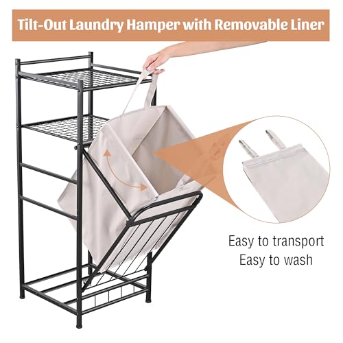 PLKOW Tilt Out Laundry Hamper with Shelf, Laundry Basket Laundry Hamper Cabinet with Removable Liner Bag, 65 Liter, 15.8L x 15.8W x 40H Inch - Image 3