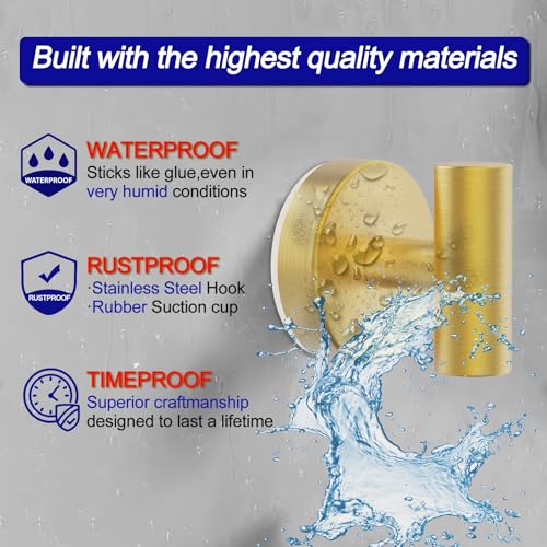Bntuk Suction Cup Hooks Shower Hooks for Inside Shower Removable Towel Hooks for Bathroom Window Glass Mirror Tile Bath Robe Looafh Hook for Hanging Waterproof Rustproof Gold4 Pack - Image 3