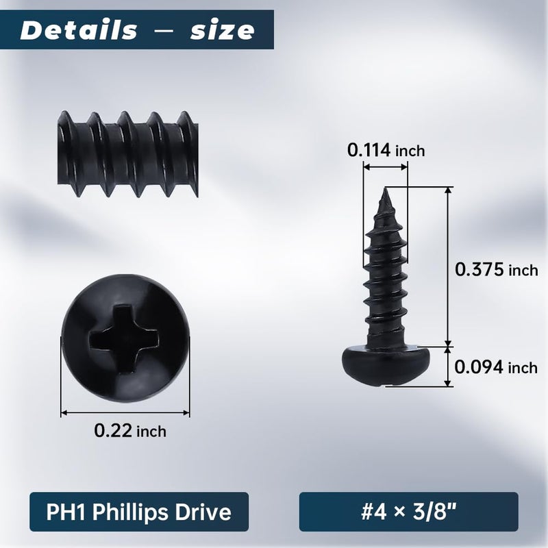 Glvaner #4 x 3/8 inch Phillips Pan Head Self Tapping Screws for Wood, Black Coated, 304 Stainless Steel 18-8, Round Head Sheet Metal Tek Screws, 100 pcs - Image 3