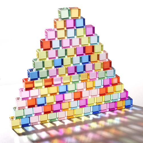 Dinhon 100 Pcs Acrylic Blocks for Toddler 10 Colors Rainbow Gem Blocks 25x25cm Crystal Cubes Stacking Rainbow Toy for Kids 15 Years Old Light Table Blocks Bulk Birthday Gift - Image 1