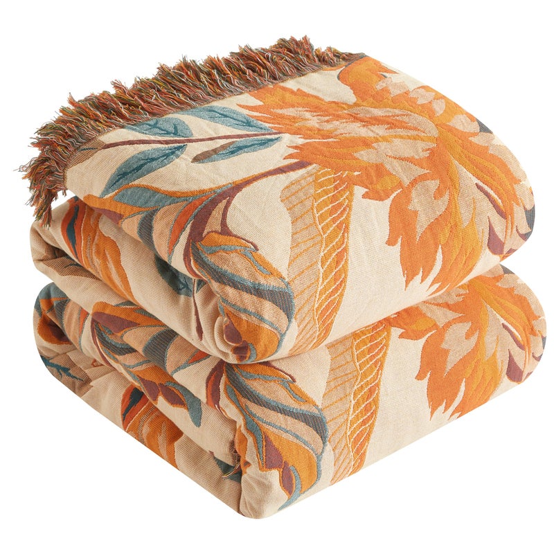 SE SOFTEXLY Boho Throw Blanket for Bed 90 x98   100% Cotton Woven Blanket for Couch Sofa  Ultra Soft 4-Layer Muslin Quilt with Floral Printed  Farmhouse Bed Blanket/Cover for Living Room Decor - Image 2