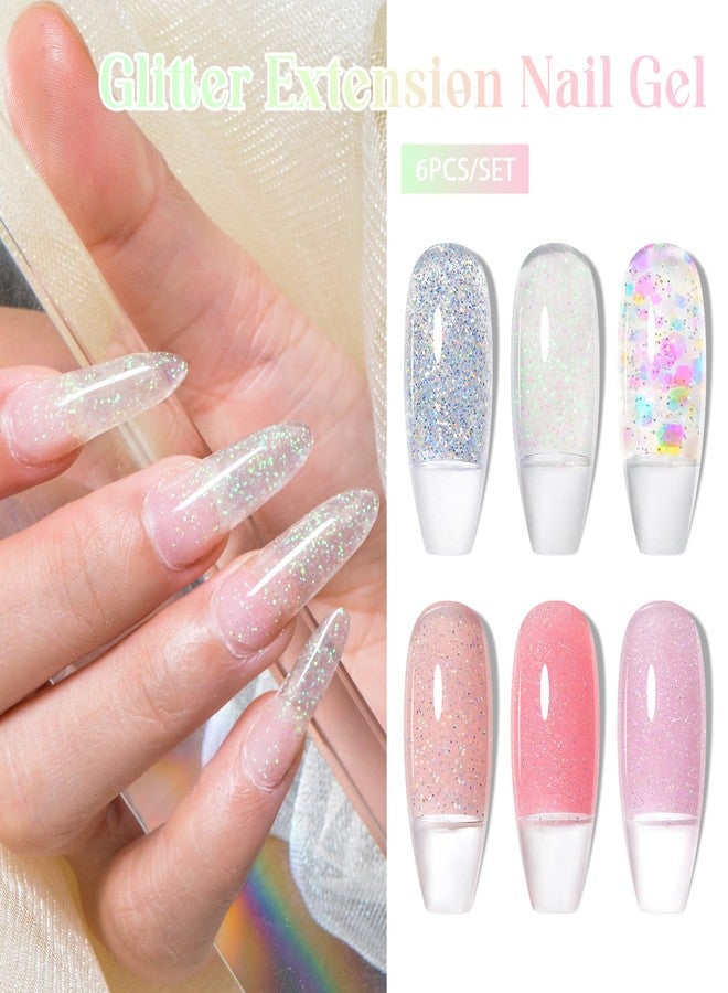 MEET ACROSS Poly Nail Gel Set, 6 Colors Pink Clear Glitter Poly Extension Gel for Nail Spring Summer Sequins Builder Nail Gel Trendy Nail Art Design Manicure DIY Home Salon - Image 2