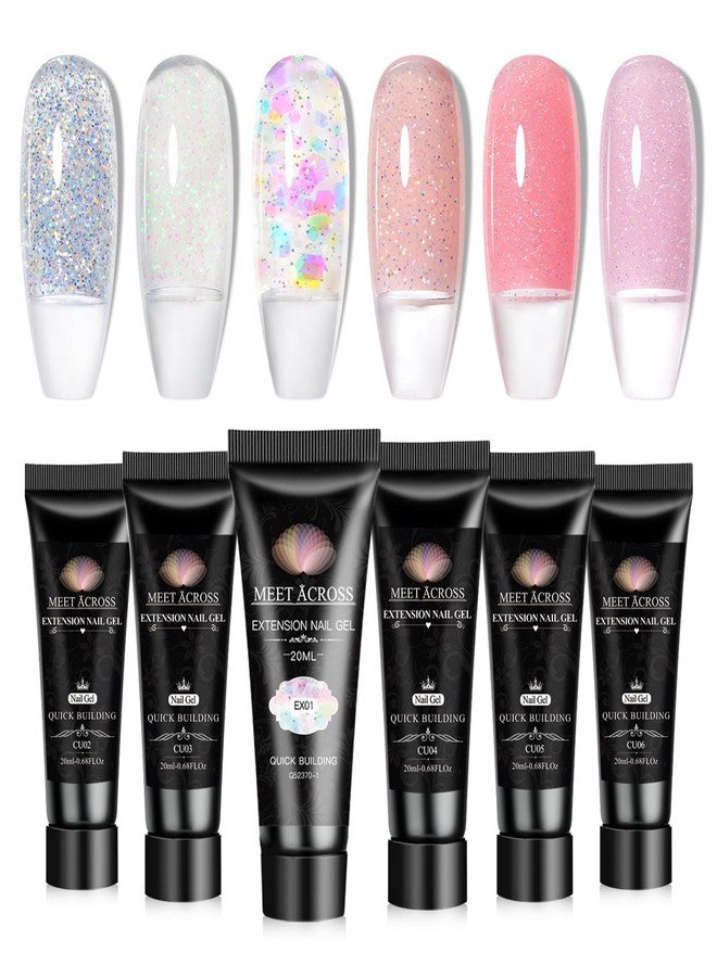 MEET ACROSS Poly Nail Gel Set, 6 Colors Pink Clear Glitter Poly Extension Gel for Nail Spring Summer Sequins Builder Nail Gel Trendy Nail Art Design Manicure DIY Home Salon - Image 1