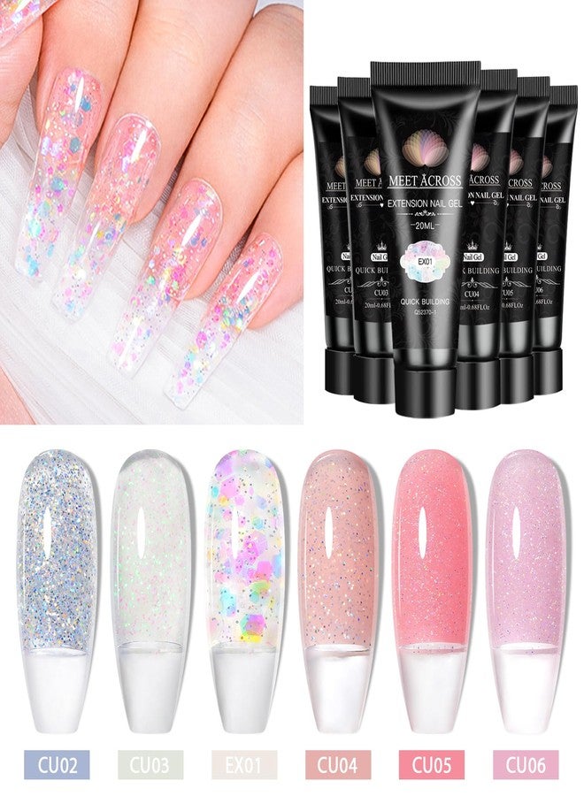 MEET ACROSS Poly Nail Gel Set, 6 Colors Pink Clear Glitter Poly Extension Gel for Nail Spring Summer Sequins Builder Nail Gel Trendy Nail Art Design Manicure DIY Home Salon - Image 3
