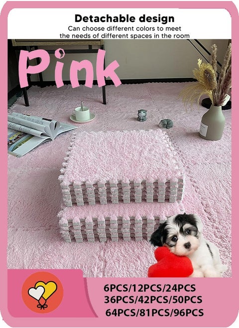 Plush Puzzle Foam Floor Mat for Kids- Thick Interlocking Fluffy Tiles with Border Square Rug Split Joint Soft Climbing Carpet Mats Area Rug for Room Floor(Pink)