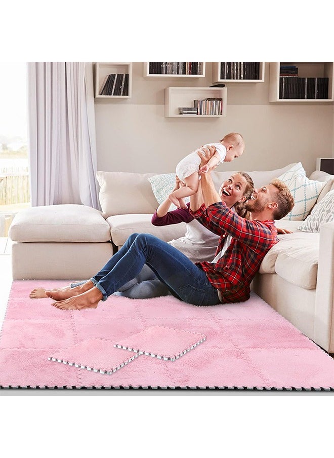 Plush Puzzle Foam Floor Mat for Kids- Thick Interlocking Fluffy Tiles with Border Square Rug Split Joint Soft Climbing Carpet Mats Area Rug for Room Floor(Pink)