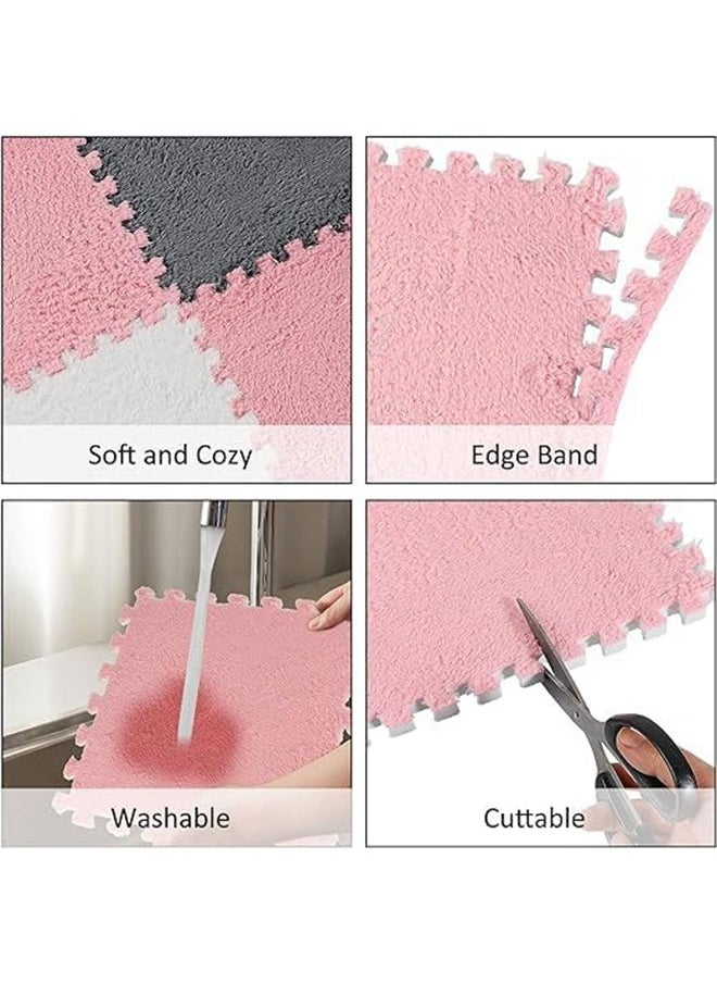 Plush Puzzle Foam Floor Mat for Kids- Thick Interlocking Fluffy Tiles with Border Square Rug Split Joint Soft Climbing Carpet Mats Area Rug for Room Floor(Pink)