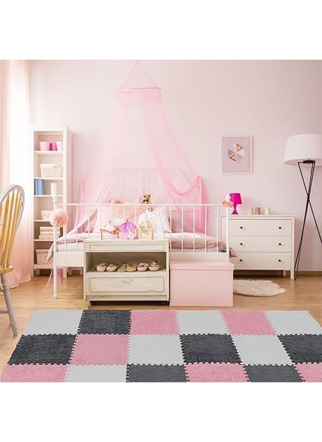 Plush Puzzle Foam Floor Mat for Kids- Thick Interlocking Fluffy Tiles with Border Square Rug Split Joint Soft Climbing Carpet Mats Area Rug for Room Floor(Pink)