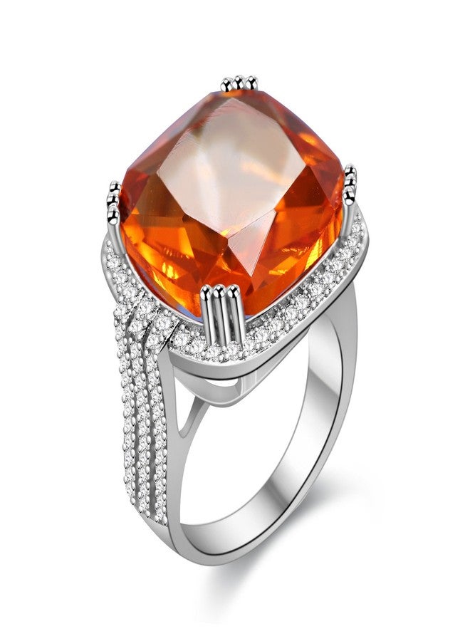 Uloveido Platinum Plated Big Princess Square Orange Stone Cocktail Ring for Women and Men with Cubic Zirconia Size 6 7 8 9 10 RA219 (Orange, 7) - Image 1