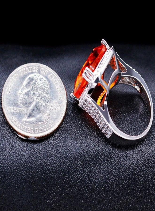 Uloveido Platinum Plated Big Princess Square Orange Stone Cocktail Ring for Women and Men with Cubic Zirconia Size 6 7 8 9 10 RA219 (Orange, 7) - Image 5