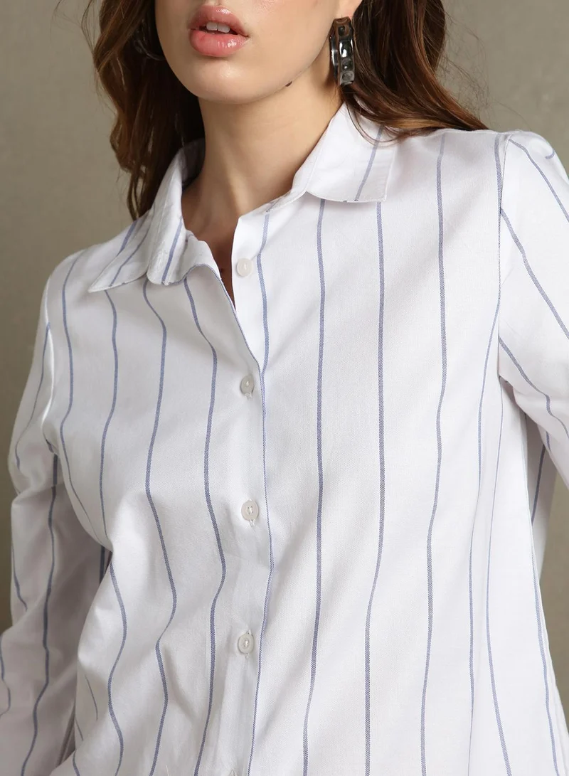 Dennis Lingo Women's White 100% Cotton Striped Relaxed Fit Shirt