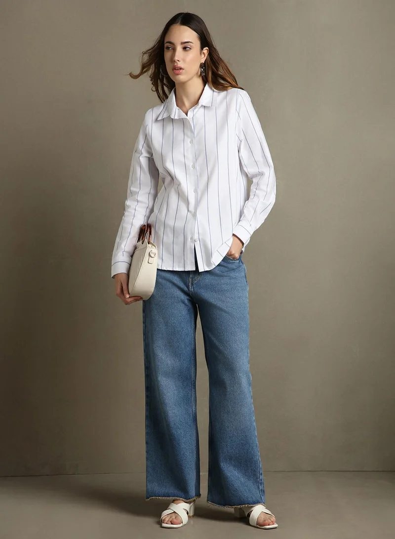 Dennis Lingo Women's White 100% Cotton Striped Relaxed Fit Shirt