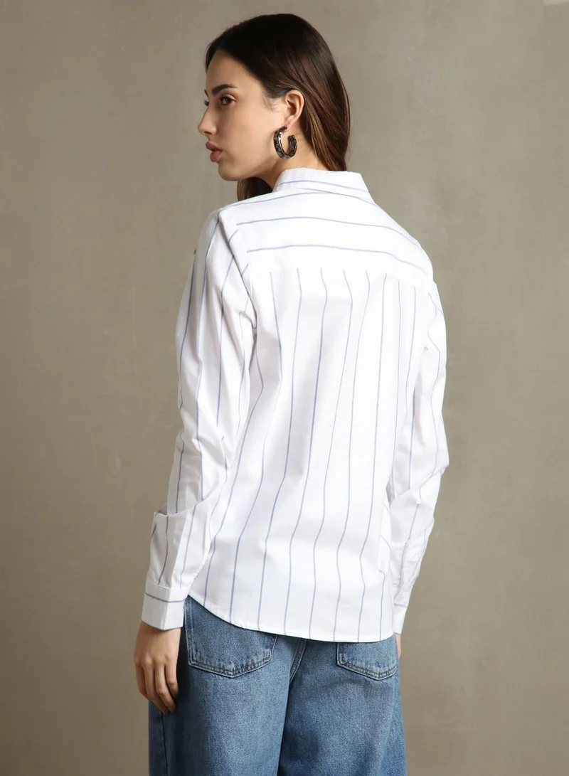 Dennis Lingo Women's White 100% Cotton Striped Relaxed Fit Shirt