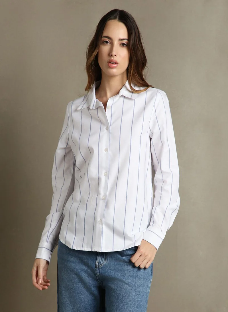 Dennis Lingo Women's White 100% Cotton Striped Relaxed Fit Shirt