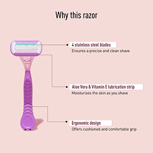 Sirona Razor for Women, Hair Remover for Women, Body Razor for Women, Women Razor, with Aloe Boost for Smooth Arms, Legs, Underarms & Bikini Line, 4-Blade Shaving Razor Women - Reusable (Pack of 2) - Image 4