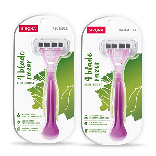 Sirona Razor for Women, Hair Remover for Women, Body Razor for Women, Women Razor, with Aloe Boost for Smooth Arms, Legs, Underarms & Bikini Line, 4-Blade Shaving Razor Women - Reusable (Pack of 2) - Image 1