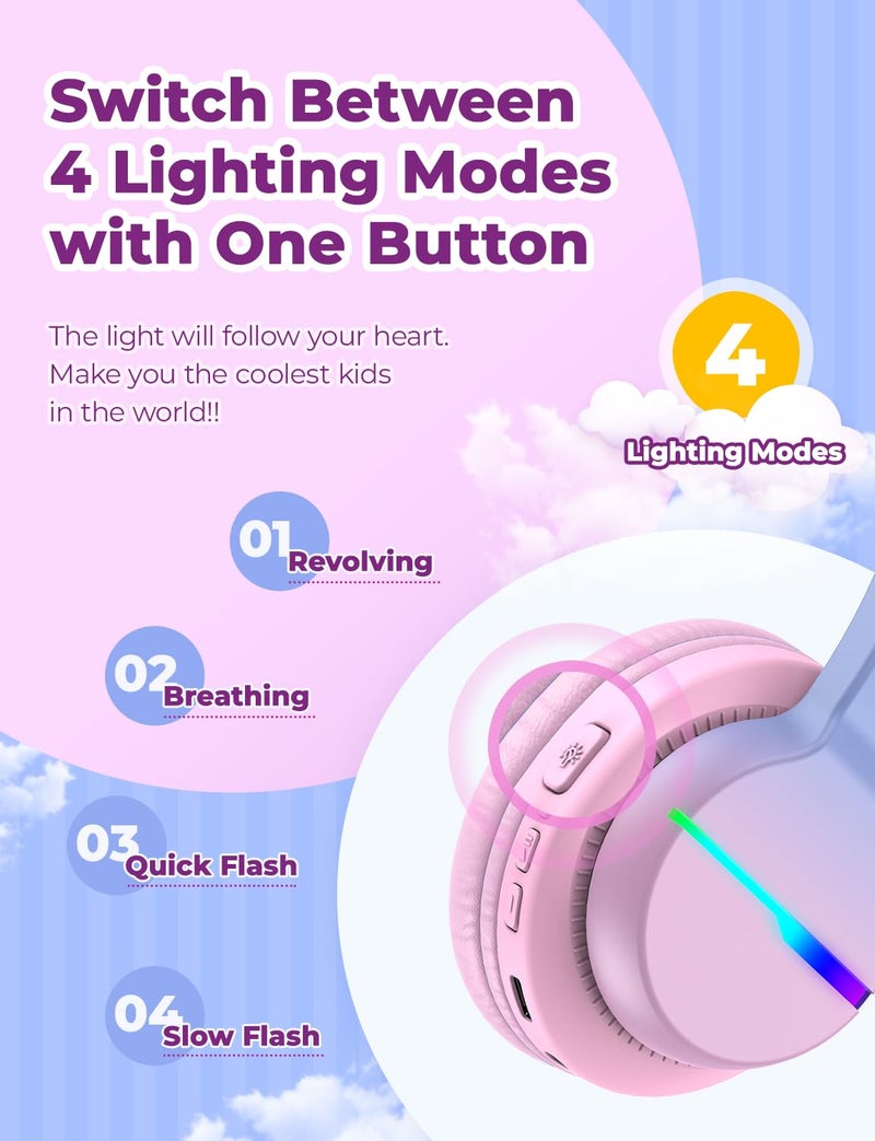 iClever BTH12 Kids Bluetooth Headphones,Colorful LED Lights,74/85dBA Safe Volume,85H Playtime,Fast Charging,Bluetooth 5.2,Over Ear Kids Headphones Wireles for iPad/Tablet/Airplane, Gradient Pink - Image 2