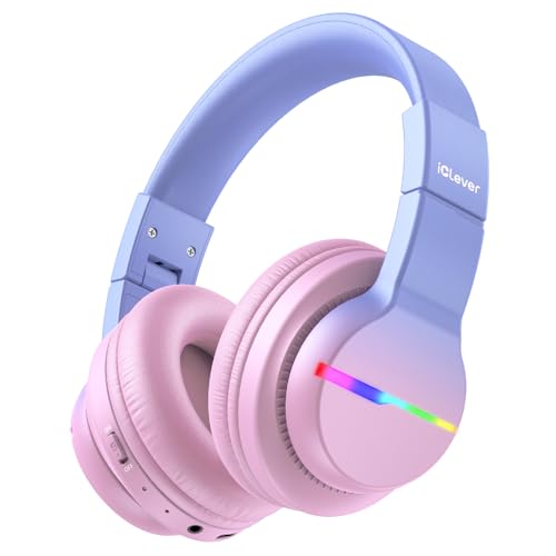 iClever BTH12 Kids Bluetooth Headphones,Colorful LED Lights,74/85dBA Safe Volume,85H Playtime,Fast Charging,Bluetooth 5.2,Over Ear Kids Headphones Wireles for iPad/Tablet/Airplane, Gradient Pink - Image 1
