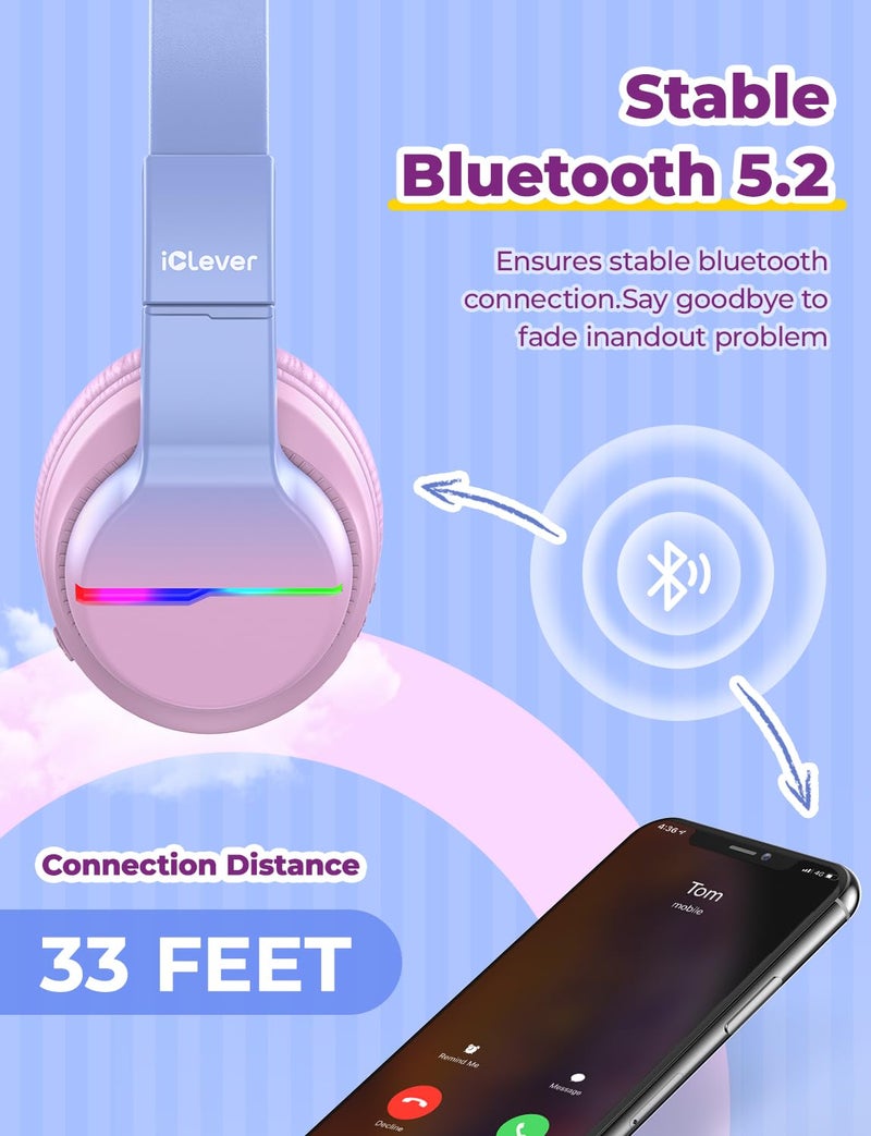 iClever BTH12 Kids Bluetooth Headphones,Colorful LED Lights,74/85dBA Safe Volume,85H Playtime,Fast Charging,Bluetooth 5.2,Over Ear Kids Headphones Wireles for iPad/Tablet/Airplane, Gradient Pink - Image 5