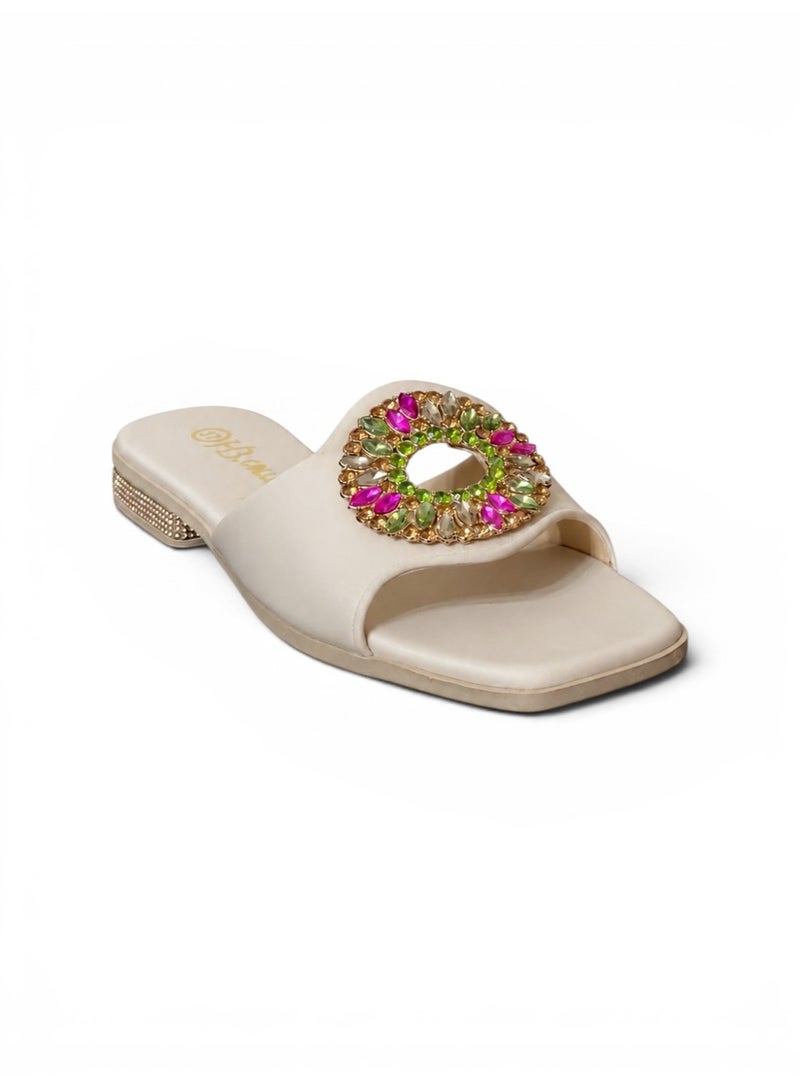 LIFESTYLISH slippers satin flat With a round, studded accessory SL-233 - Beige - Image 1