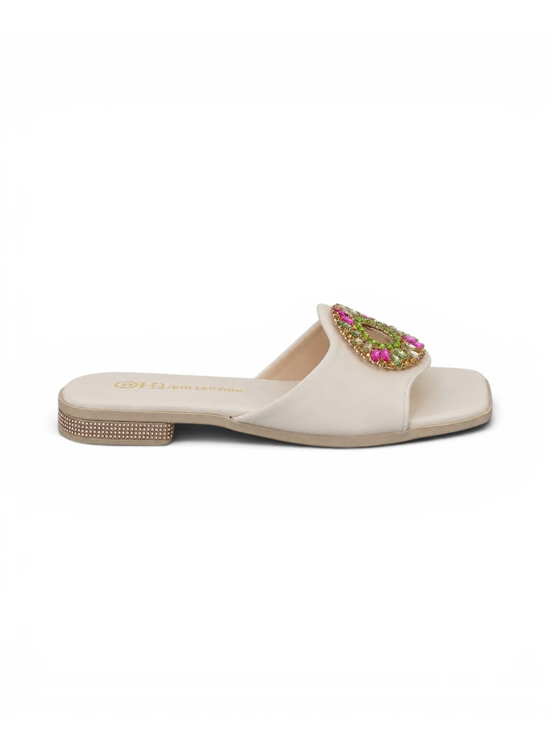 LIFESTYLISH slippers satin flat With a round, studded accessory SL-233 - Beige - Image 2