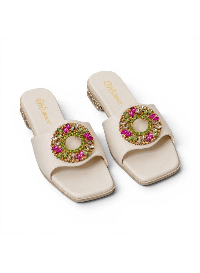 LIFESTYLISH slippers satin flat With a round, studded accessory SL-233 - Beige - Image 3