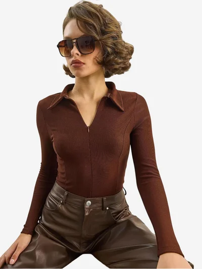 Bianco Lucci LUCCI Slim Fit Zipper Collar Blouse