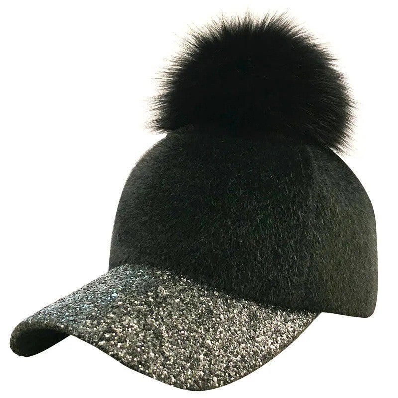 Baseball Cap Women Autumn Winter Faux Fur Ball Bright Brim Color Block Hat - Image 2