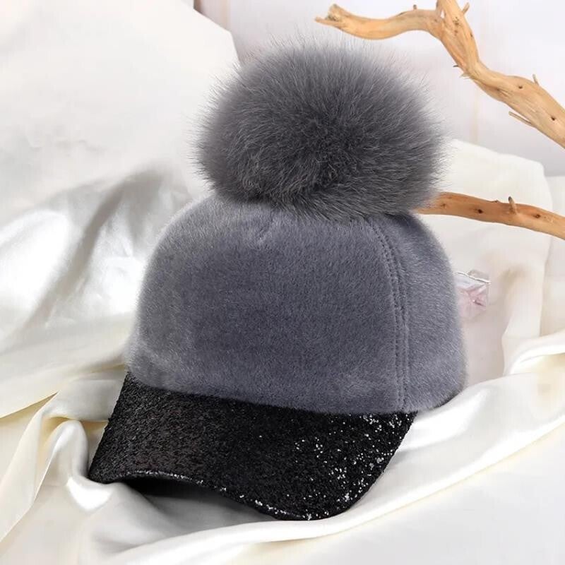 Baseball Cap Women Autumn Winter Faux Fur Ball Bright Brim Color Block Hat - Image 4