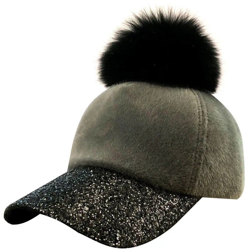 Baseball Cap Women Autumn Winter Faux Fur Ball Bright Brim Color Block Hat - Image 3
