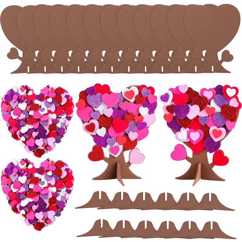 Fovths 362 Pieces Love Heart Tree Foam Stickers Craft Set 12 Pieces Heart Tree and 350 Pieces Valentine's Day Self-Adhesive Foam Heart for Valentine's Day Wedding Mother's Day Home Decor - Image 1
