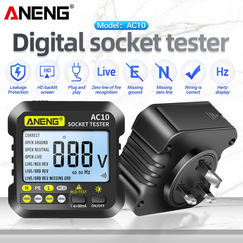 مختبر مقابس رقمي ANENG AC10 كاشف مقابس منزلي لفحص قطبية الطور ومقياس الجهد كهربي متعدد الوظائف (مقبس بريطاني) - Image 4