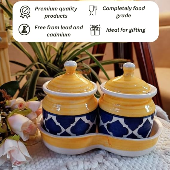 Niyara Multipurpose Storage Ceramic Pickle set Jars & with Lid & tray & (Set of 2, 300 ML) (Yellow) - Image 3