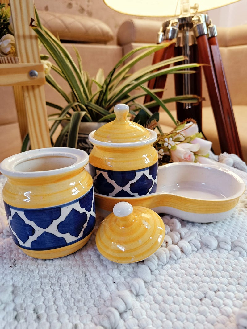 Niyara Multipurpose Storage Ceramic Pickle set Jars & with Lid & tray & (Set of 2, 300 ML) (Yellow) - Image 2