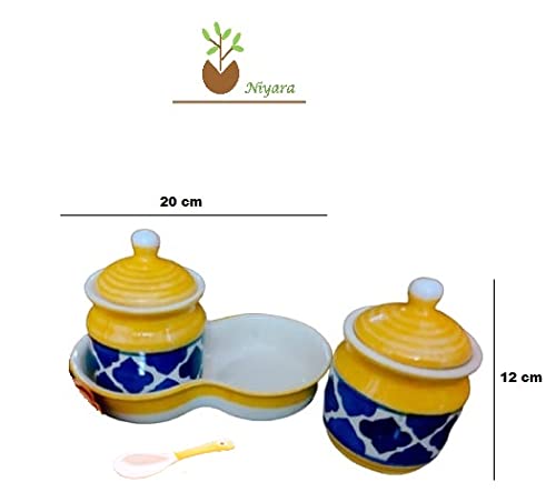 Niyara Multipurpose Storage Ceramic Pickle set Jars & with Lid & tray & (Set of 2, 300 ML) (Yellow) - Image 5