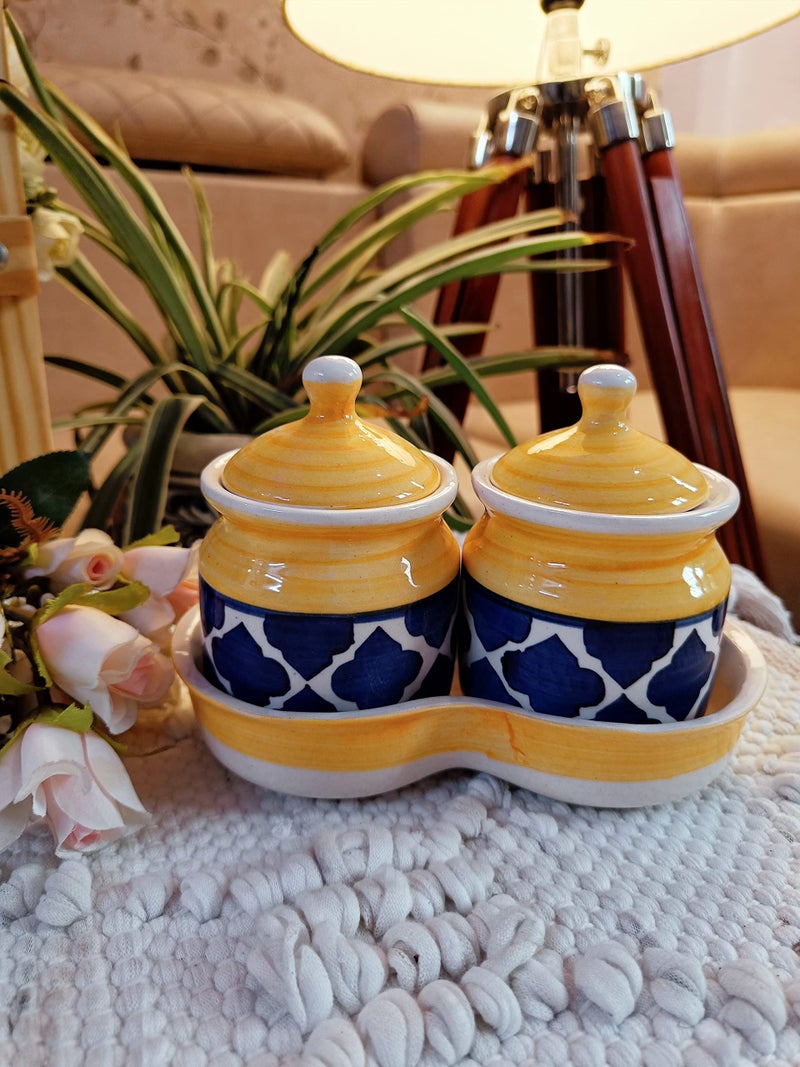 Niyara Multipurpose Storage Ceramic Pickle set Jars & with Lid & tray & (Set of 2, 300 ML) (Yellow) - Image 1