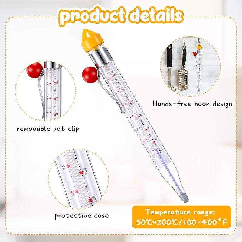 Photect 2 Pcs Candy Thermometer with Pot Clip 8" Deep Fry Oil Thermometer Instant Read Cooking Food Thermograph Sugar Syrup Jam Jelly Oil Temperature Kitchen Accessories for Home Cooking(Yellow) - Image 3