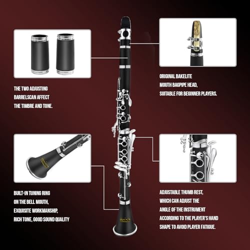 Soulmate Clarinet for Beginner Student Adults 17 Keys Bb Clarinet Set with 2 Barrels Hard Case 10 Reeds and Cleaning Kit, Professional Black - Image 3