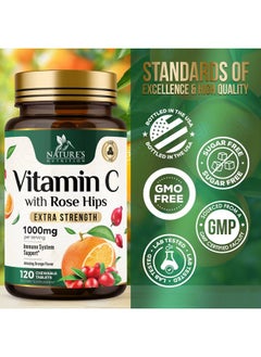 Nature's Nutrition Chewable Vitamin C 1000mg - Extra Strength Antioxidants for Powerful Immune Support w/Vitamin C & Rose HIPS - Potent Dietary VIT C Chews Supplement, Natural, Vegan, Gluten-Free, Non-GMO - 120 Tablets 