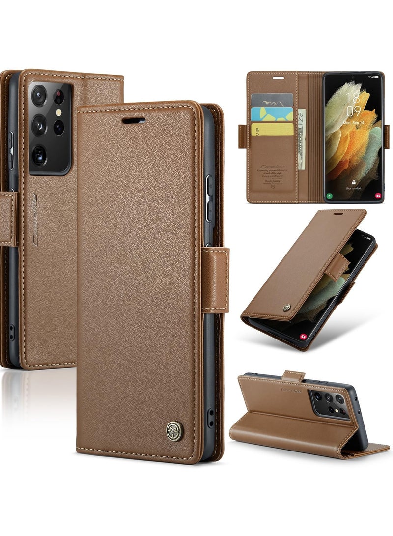 CaseMe Phone Case Luxury PU Leather Design Anti Fingerprint 023 Flip Cover Card Slot Holder Cover For Samsung Galaxy S21 Ultra (Brown) - Image 1