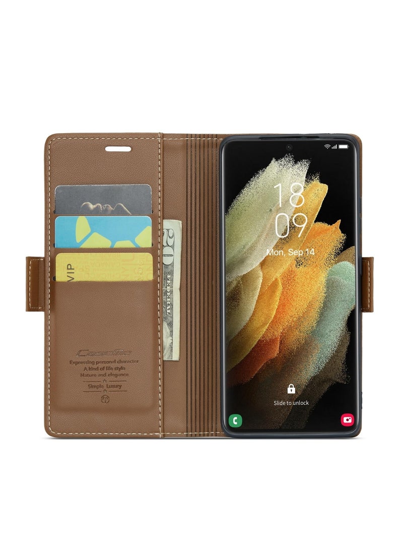 CaseMe Phone Case Luxury PU Leather Design Anti Fingerprint 023 Flip Cover Card Slot Holder Cover For Samsung Galaxy S21 Ultra (Brown) - Image 2