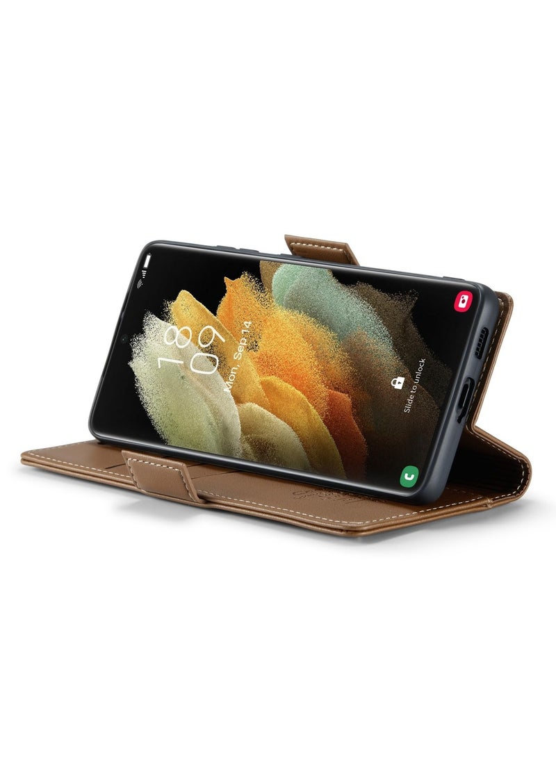 CaseMe Phone Case Luxury PU Leather Design Anti Fingerprint 023 Flip Cover Card Slot Holder Cover For Samsung Galaxy S21 Ultra (Brown) - Image 3